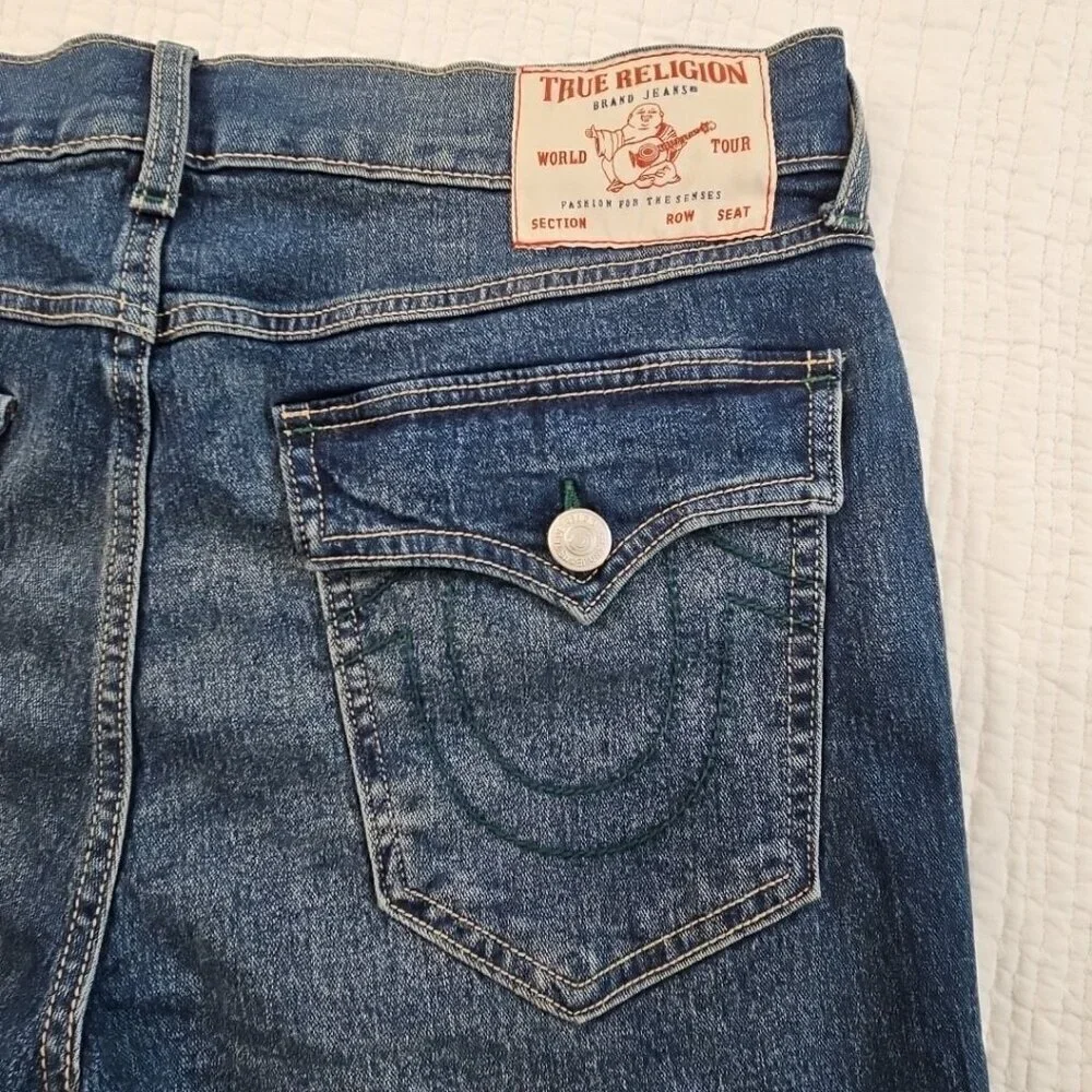 True Religion Rocco Jeans Men's 33x32 NWT Flap Pockets Green Contrast Stitch NEW